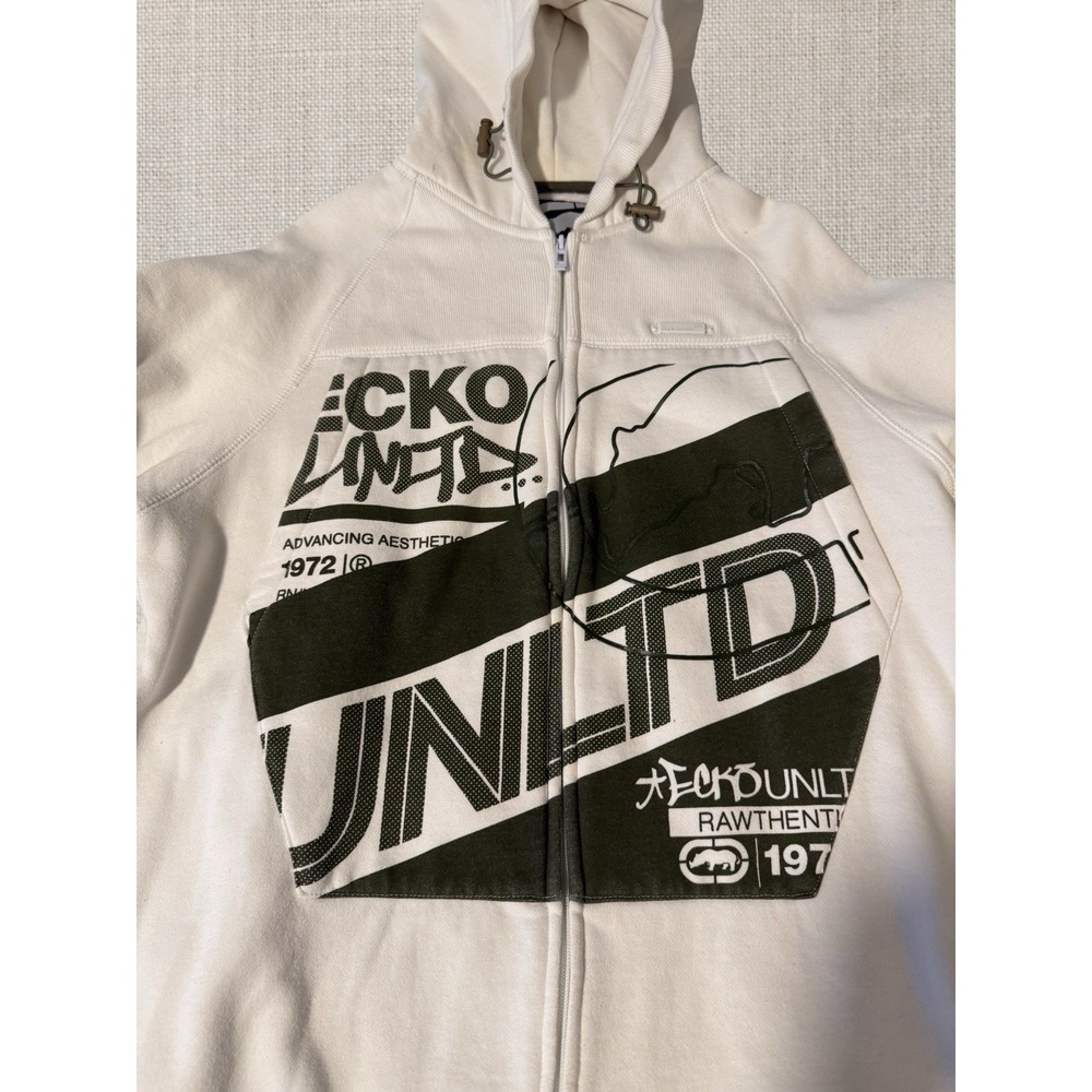 Ecko Unltd Vintage Full Zip Hoodie Sweatshirt Mens Large Ivory Streetwear - Picture 1 of 8